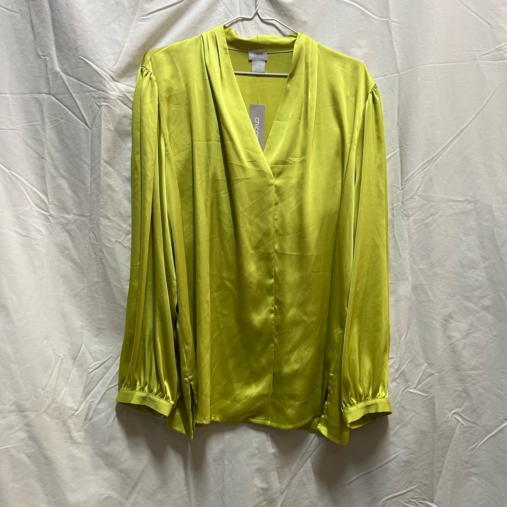 Chico's Satin V-Neck Blouse in Lime